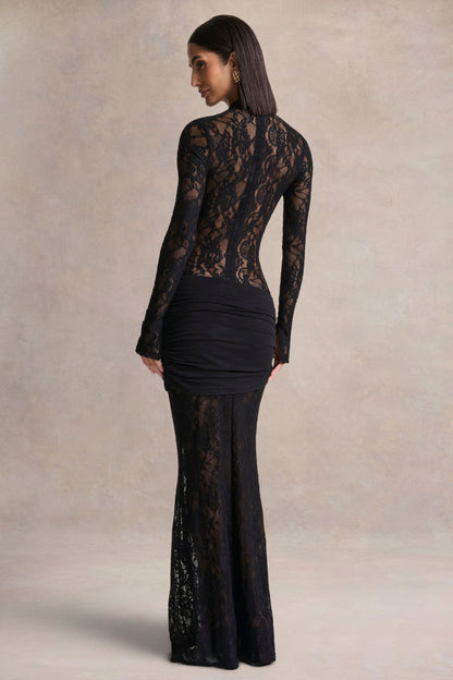 Akira | Black Sheer Lace Maxi Dress With Sash-Detail