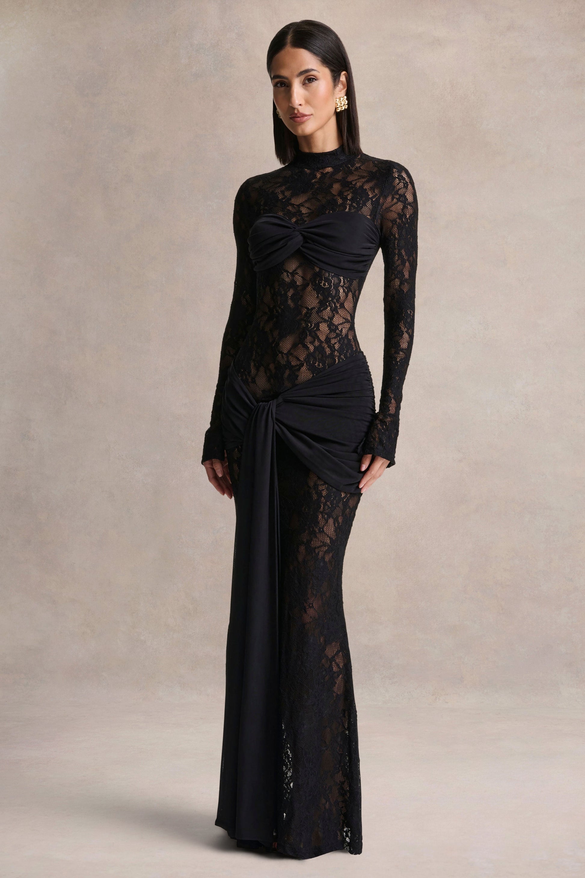Akira | Black Sheer Lace Maxi Dress With Sash-Detail