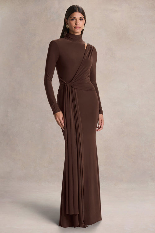 Alastrina | Brown High-Neck Maxi Dress With Gathered-Detailing