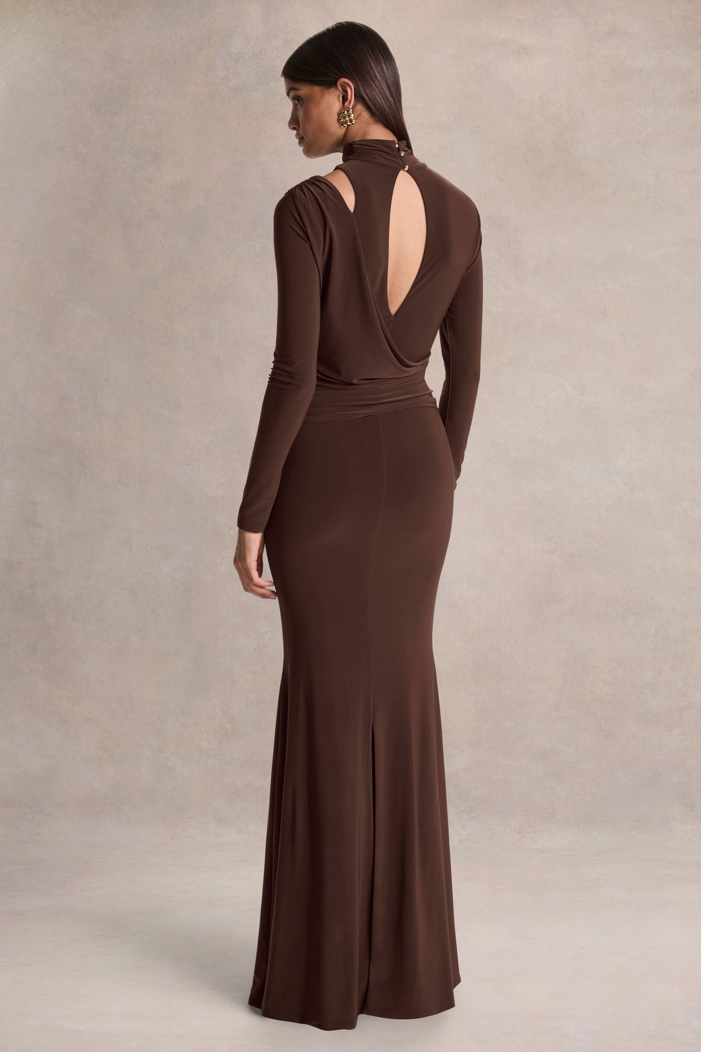 Alastrina | Brown High-Neck Maxi Dress With Gathered-Detailing