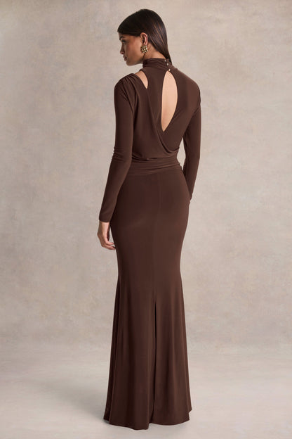 Alastrina | Brown High-Neck Maxi Dress With Gathered-Detailing