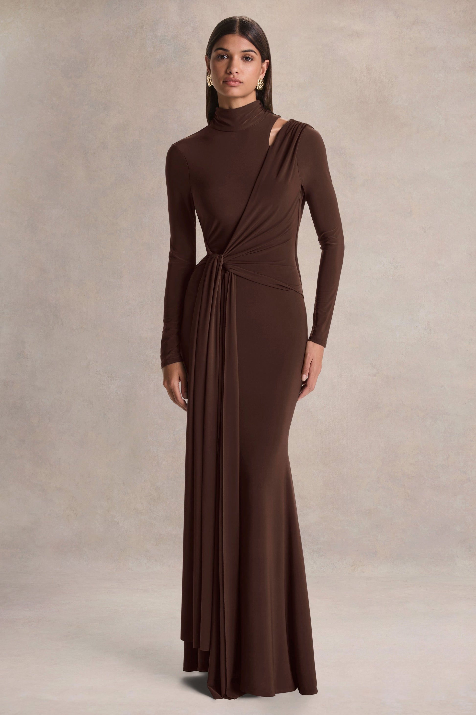 Alastrina | Brown High-Neck Maxi Dress With Gathered-Detailing