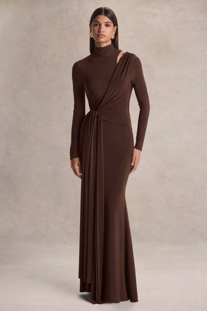 Alastrina | Brown High-Neck Maxi Dress With Gathered-Detailing