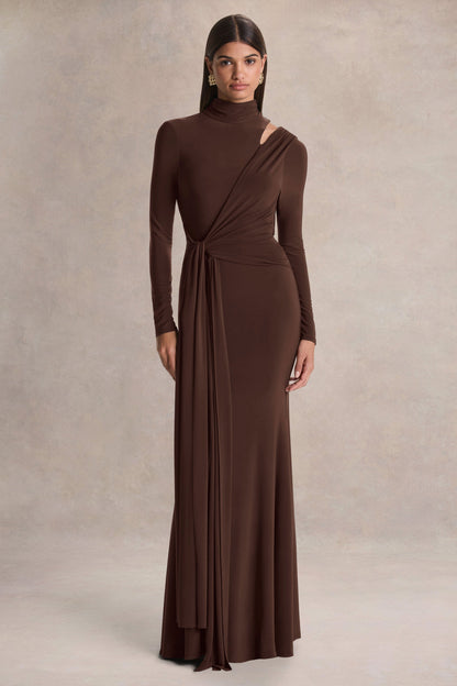 Alastrina | Brown High-Neck Maxi Dress With Gathered-Detailing