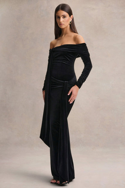Jessara | Black Bardot-Neck Maxi Dress With Knot-Details