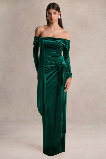 Jessara | Bottle Green Bardot-Neck Maxi Dress With Knot-Details
