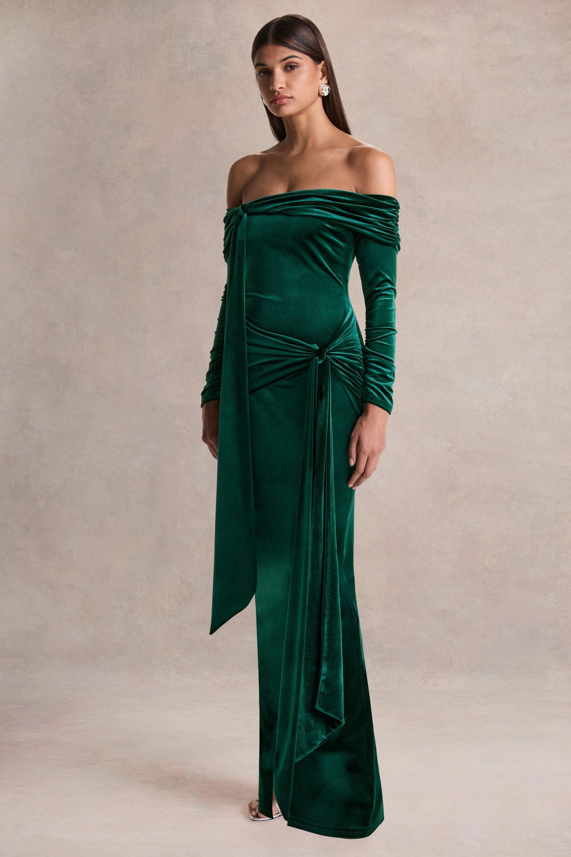 Jessara | Bottle Green Bardot-Neck Maxi Dress With Knot-Details