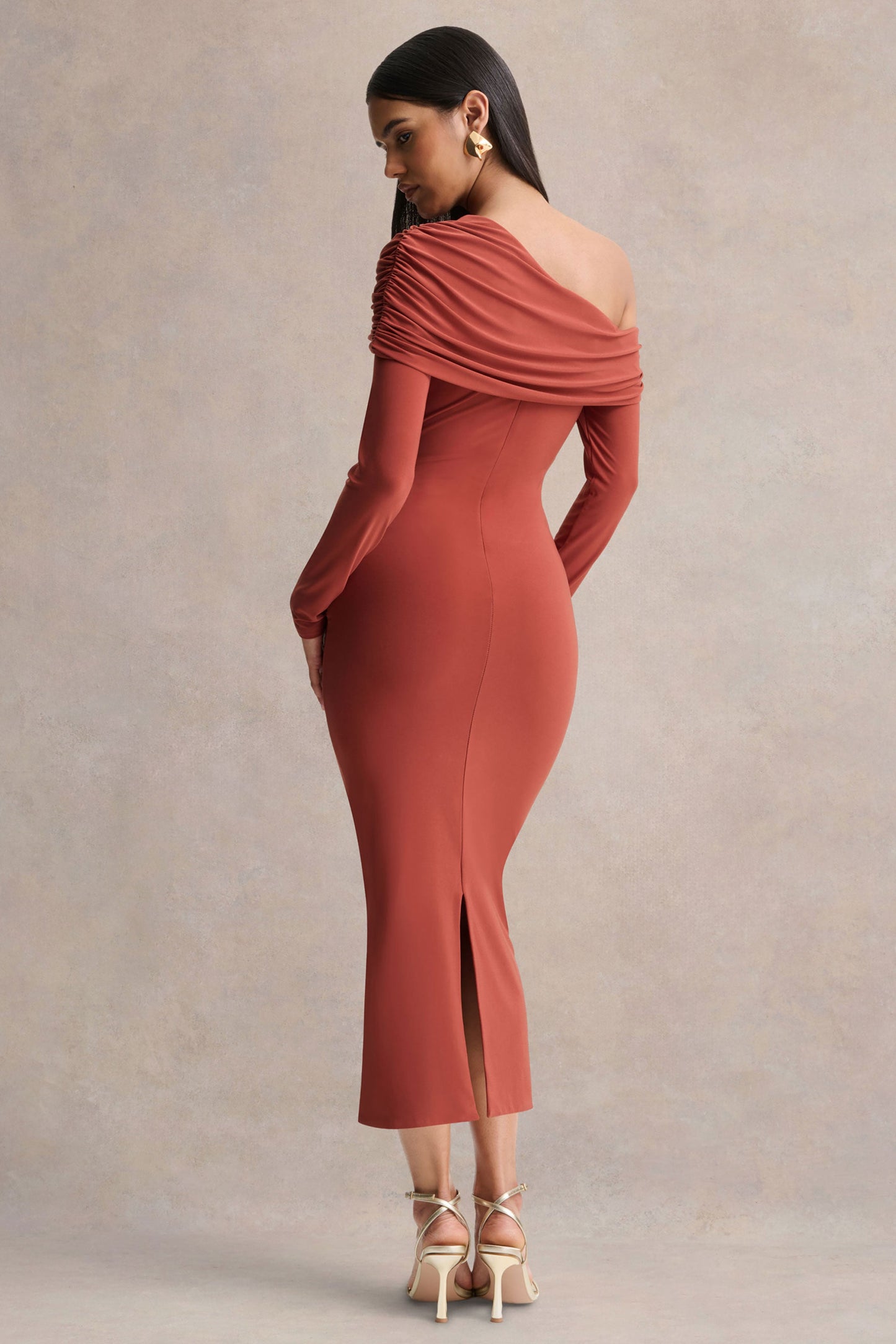 Elliora | Rust Asymmetric-Neck Midi Dress