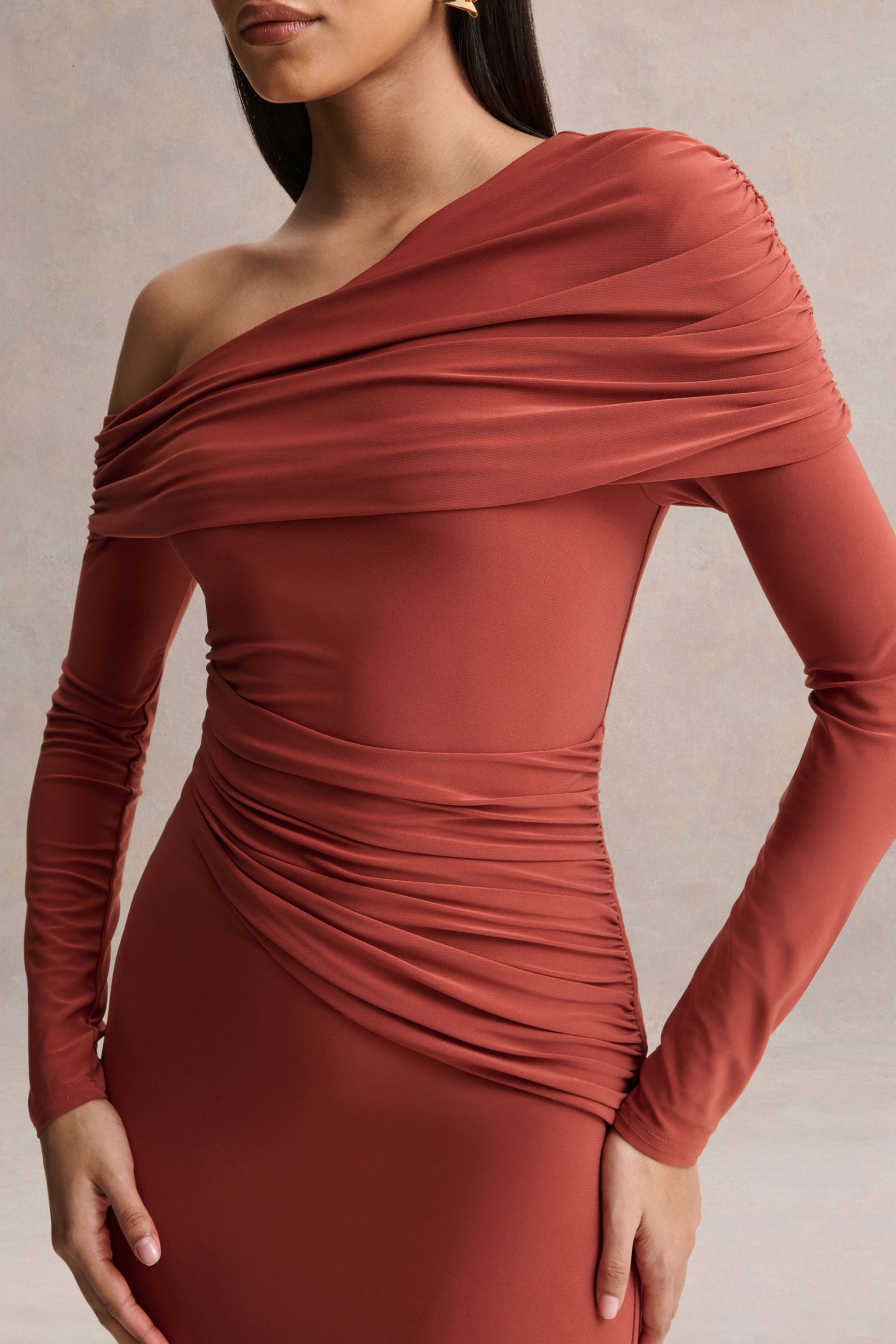 Elliora | Rust Asymmetric-Neck Midi Dress