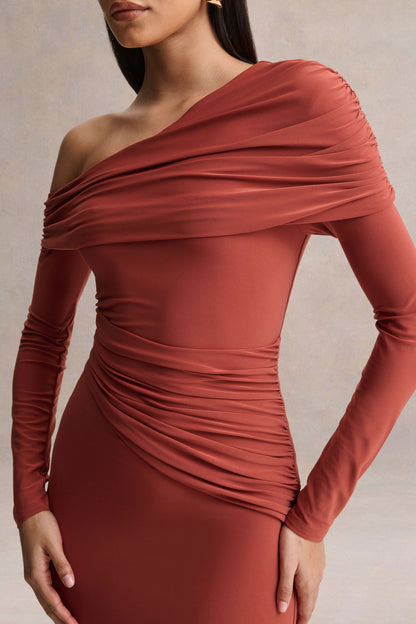 Elliora | Rust Asymmetric-Neck Midi Dress