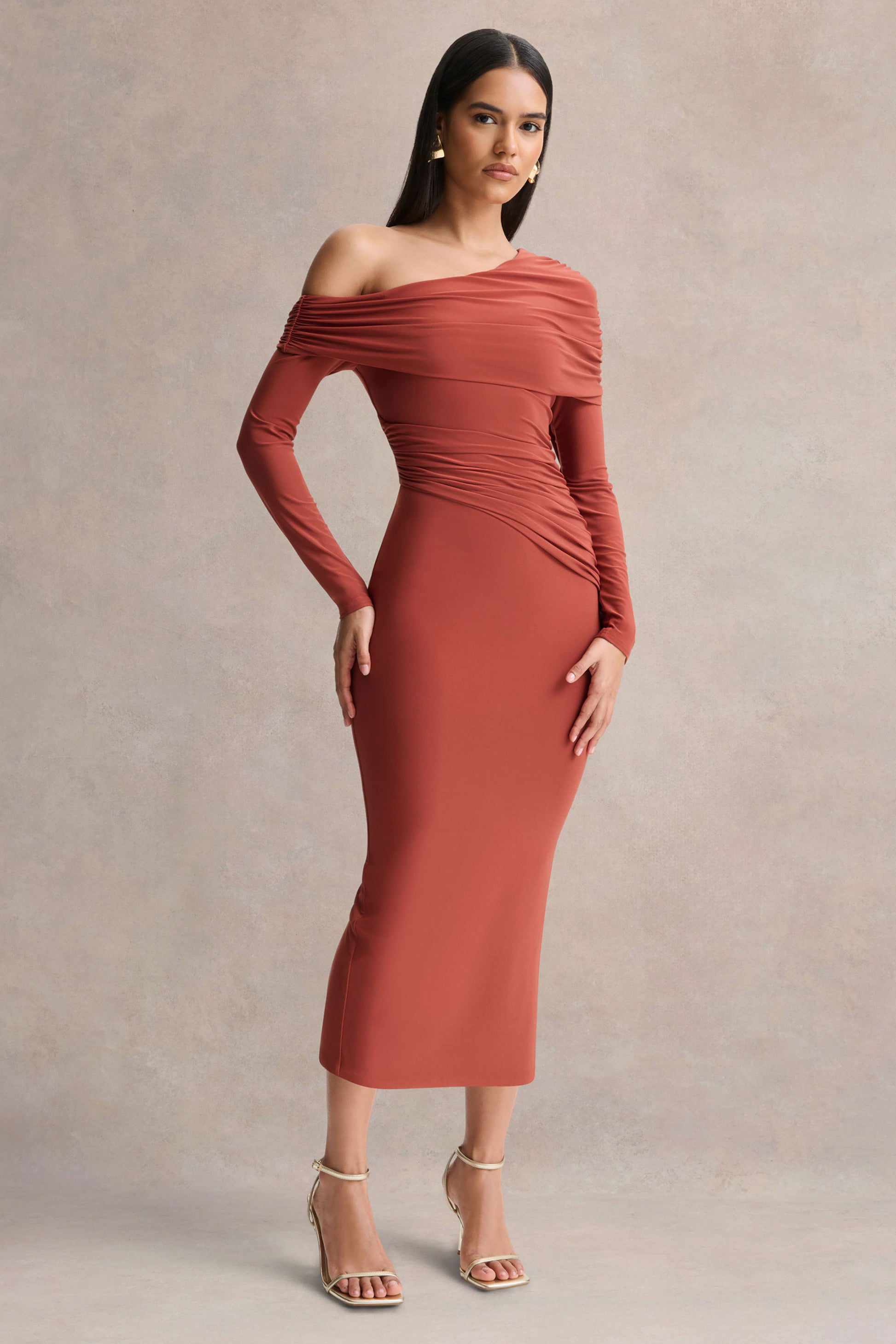 Elliora | Rust Asymmetric-Neck Midi Dress