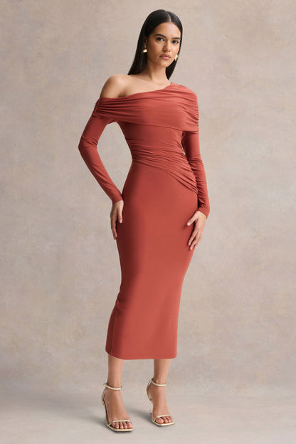 Elliora | Rust Asymmetric-Neck Midi Dress