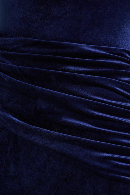 Eirene | Blue Velvet Asymmetric-Neck Midi Dress