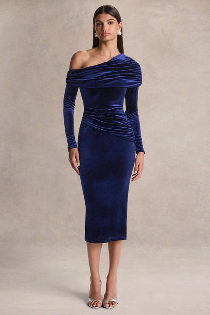 Eirene | Blue Velvet Asymmetric-Neck Midi Dress