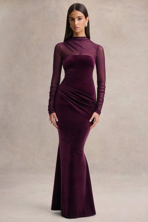 Cambria | Plum Velvet High-Neck Maxi Dress With Draped-Detailing