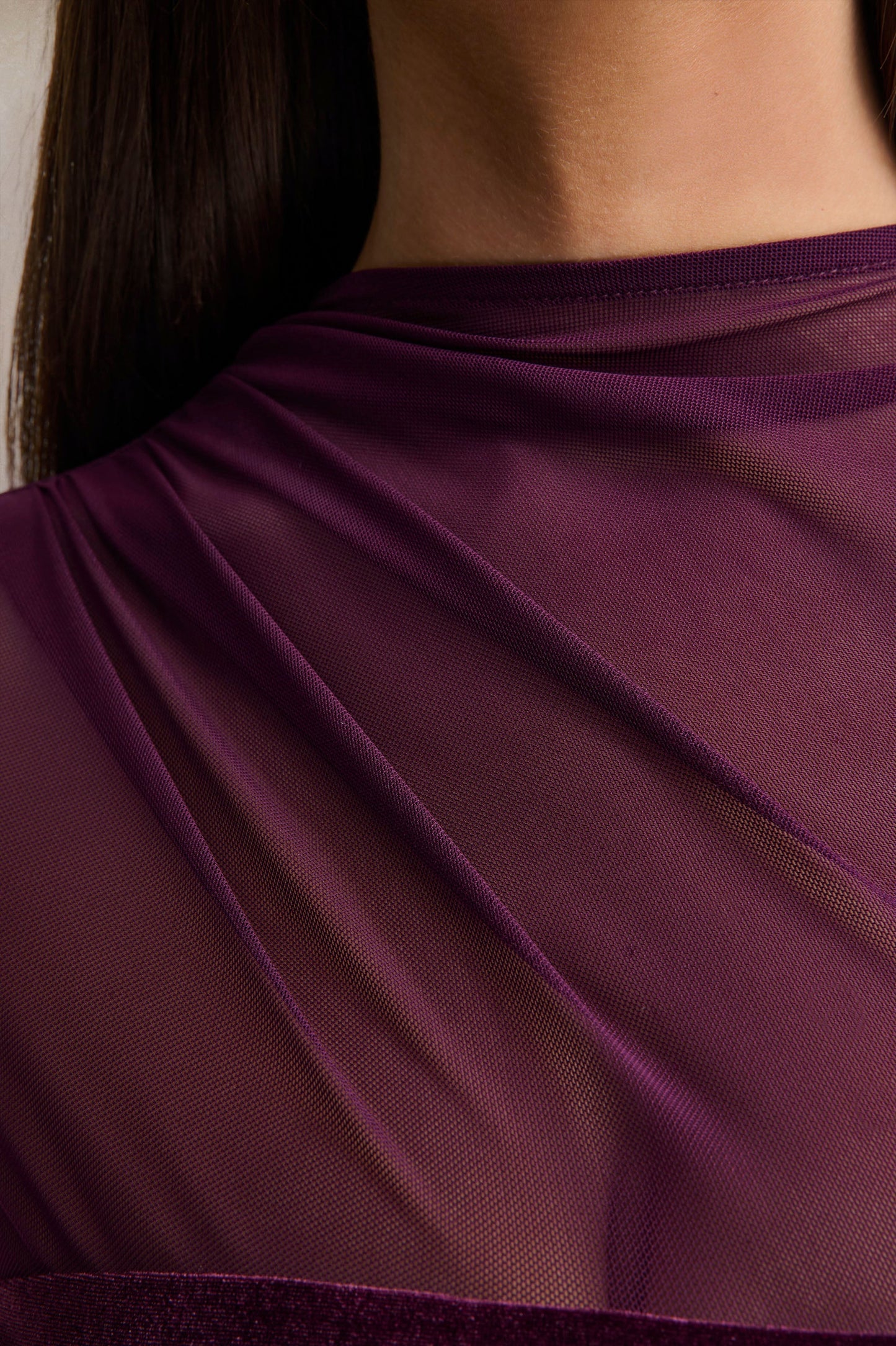 Cambria | Plum Velvet High-Neck Maxi Dress With Draped-Detailing