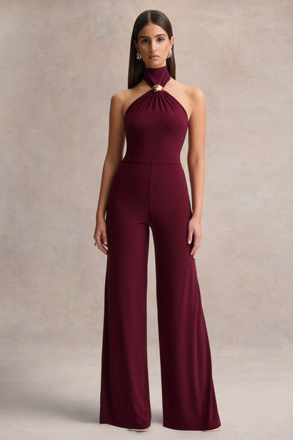 Gwen | Burgundy High-Neck Jumpsuit With Gold-Detail