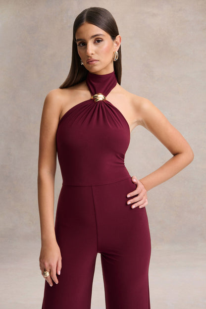 Gwen | Burgundy High-Neck Jumpsuit With Gold-Detail