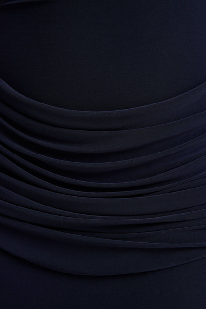 Hesperia | Navy High-Neck Maxi Dress With Draped-Detailing And Scarf