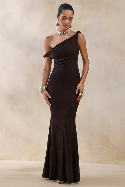 Afina | Brown Lace Asymmetric-Neck Maxi Dress