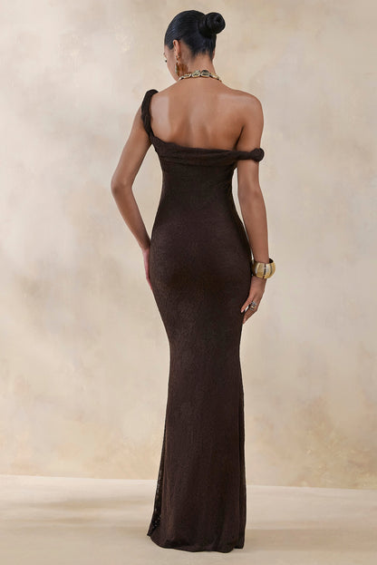 Afina | Brown Lace Asymmetric-Neck Maxi Dress