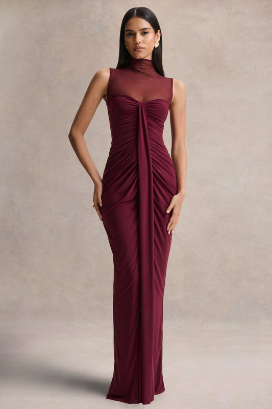 Brialle | Burgundy High-Neck Maxi Dress With Mesh And Gathered-Detailing