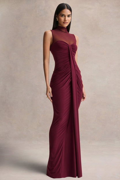 Brialle | Burgundy High-Neck Maxi Dress With Mesh And Gathered-Detailing