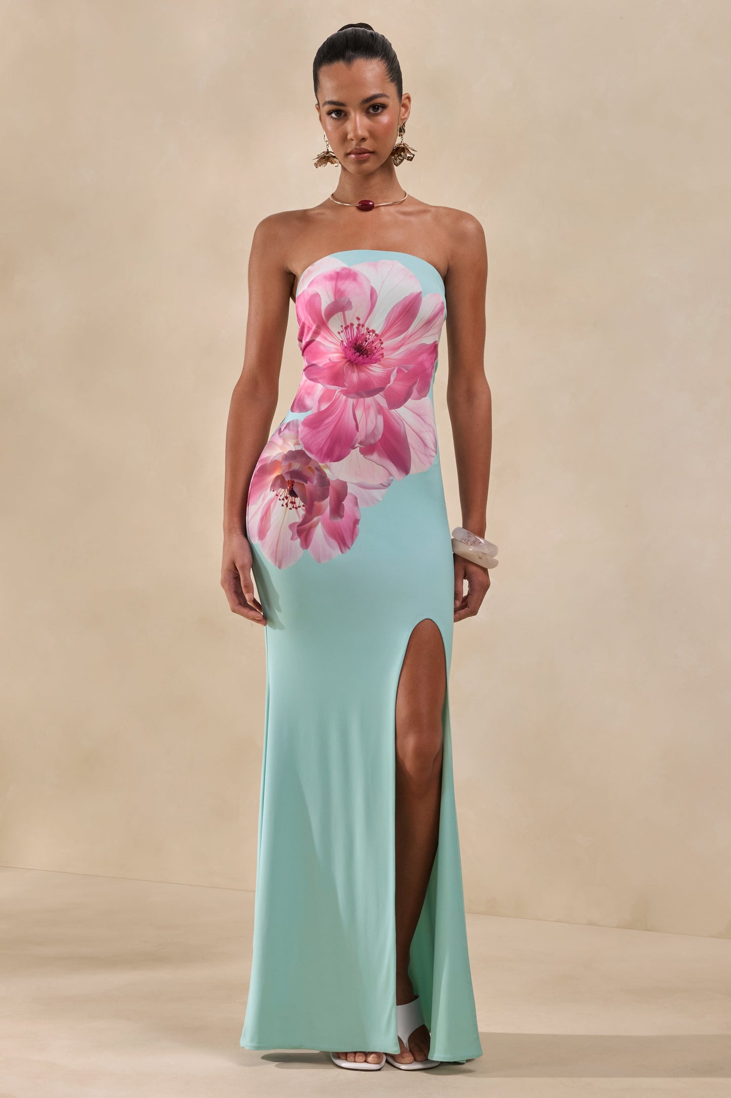 Lumia | Sage And Pink Placement Print Bandeau Maxi Dress