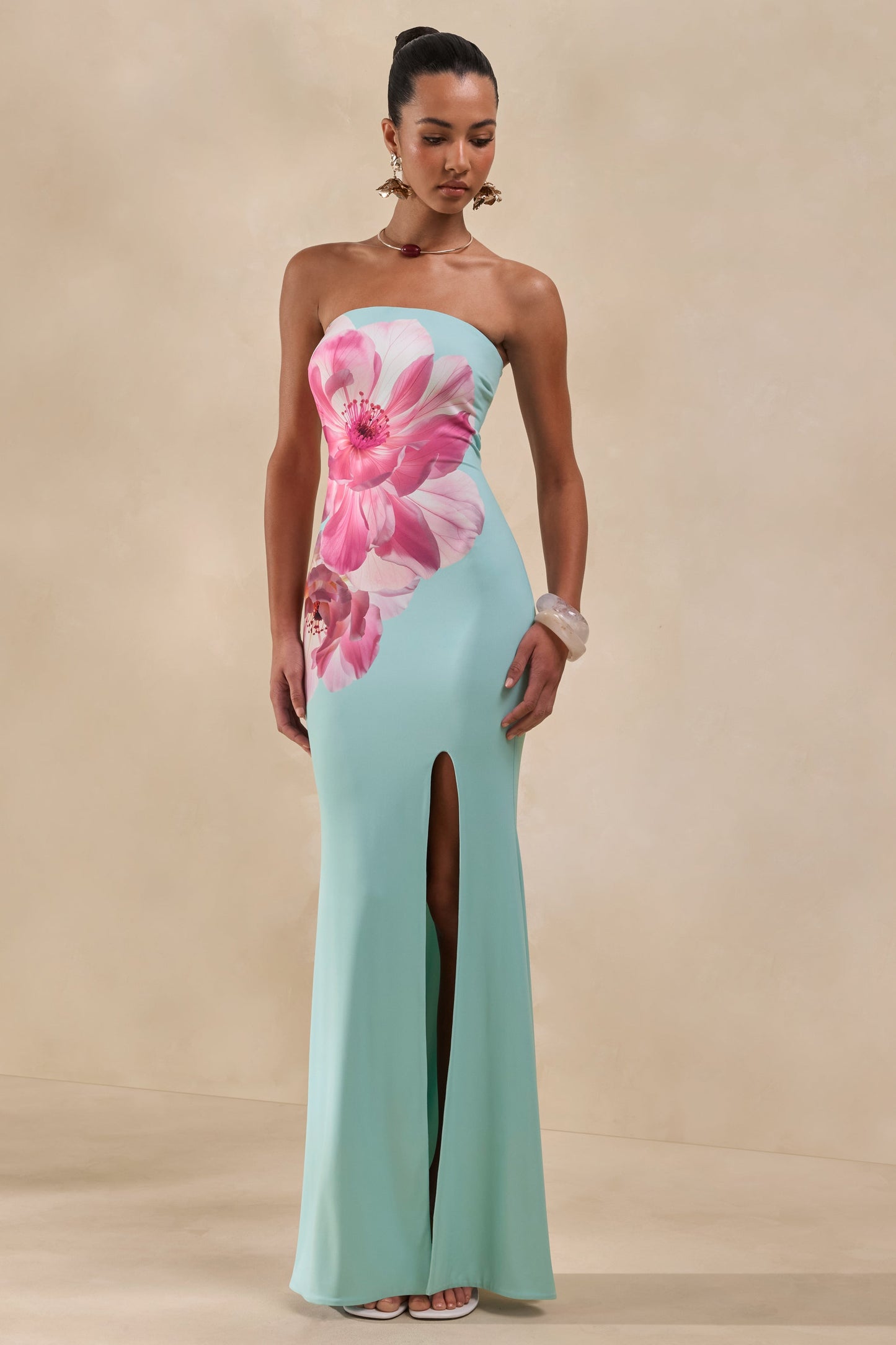 Lumia | Sage And Pink Placement Print Bandeau Maxi Dress