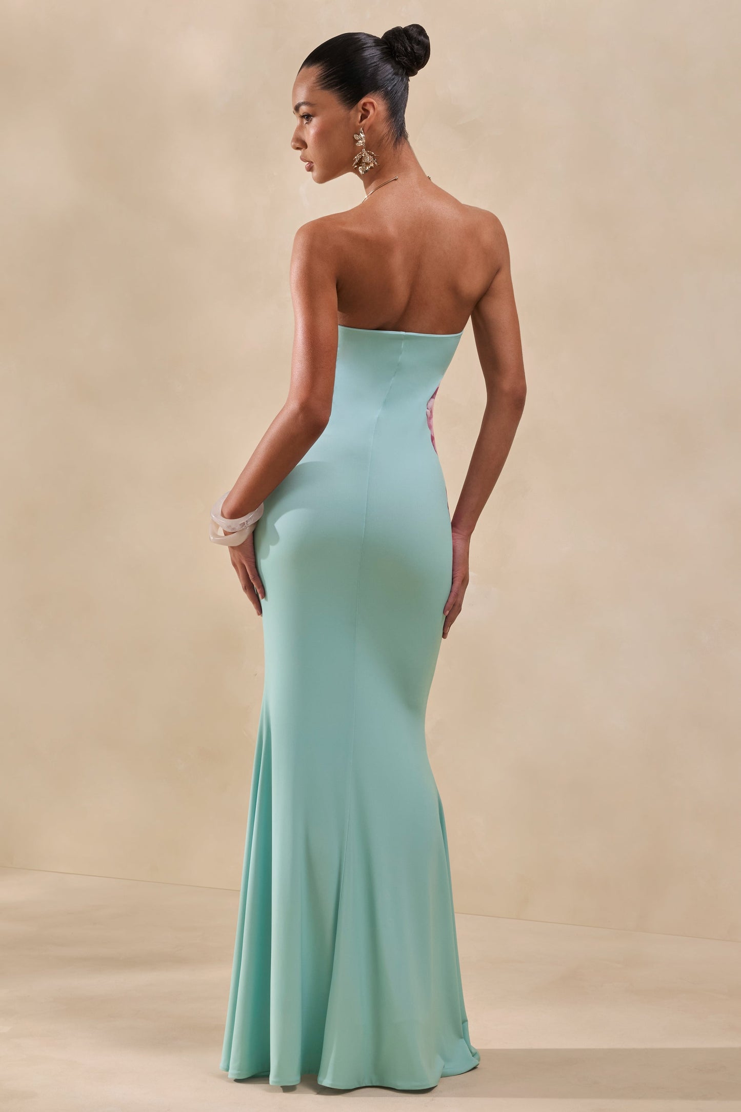 Lumia | Sage And Pink Placement Print Bandeau Maxi Dress