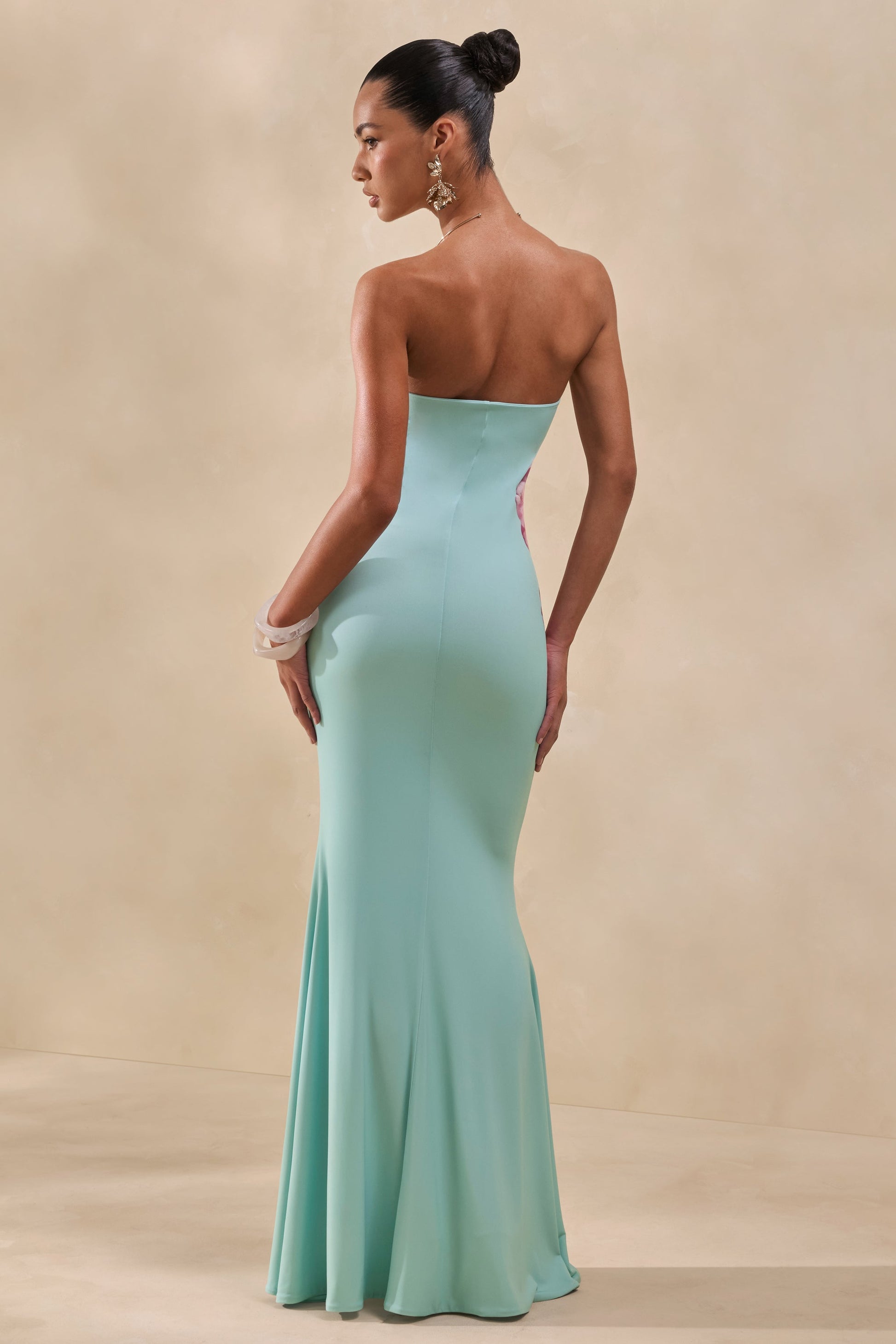 Lumia | Sage And Pink Placement Print Bandeau Maxi Dress