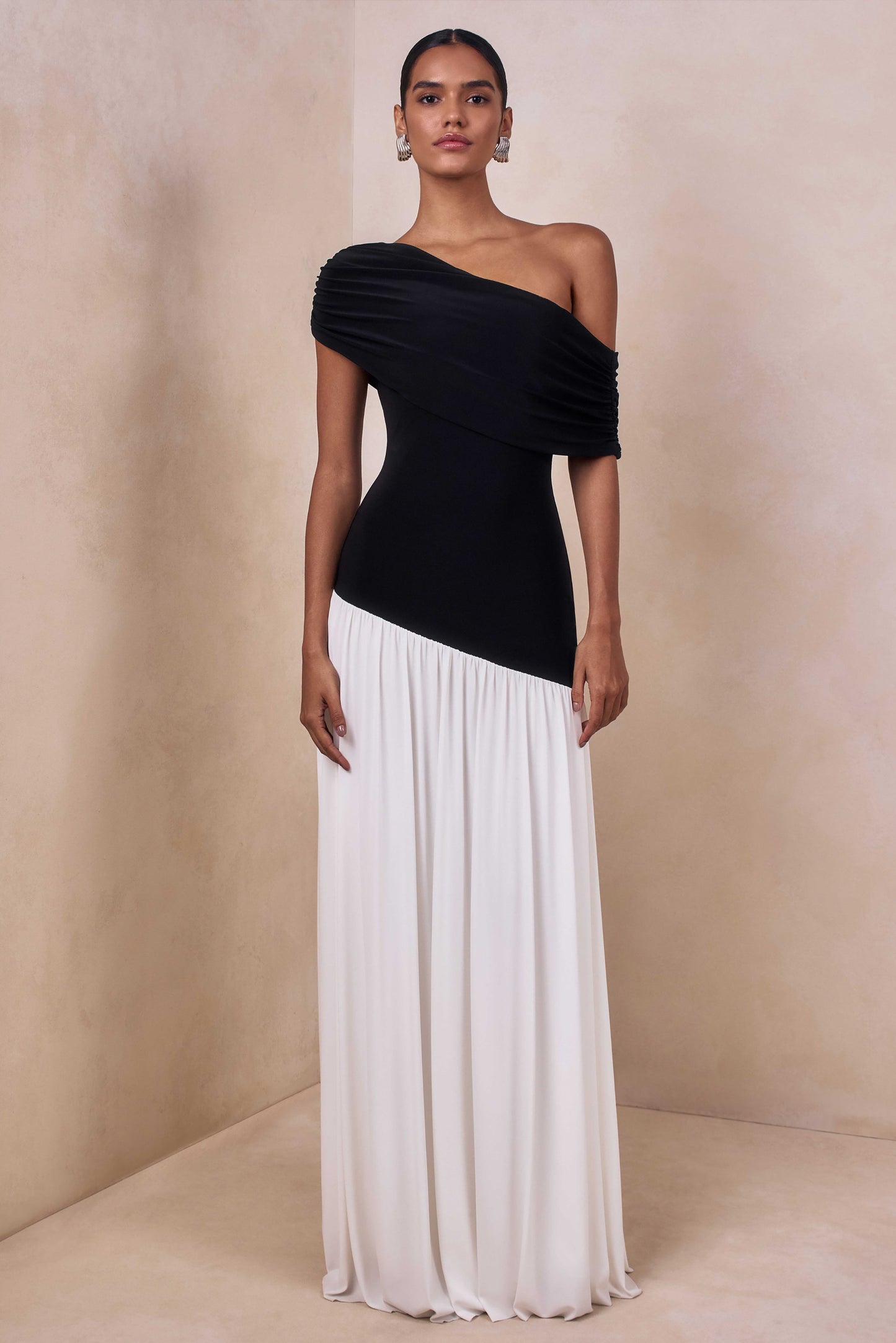 Doroyta | Black And White Asymmetric-Neck Maxi Dress