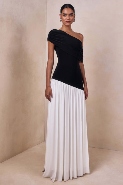 Doroyta | Black And White Asymmetric-Neck Maxi Dress