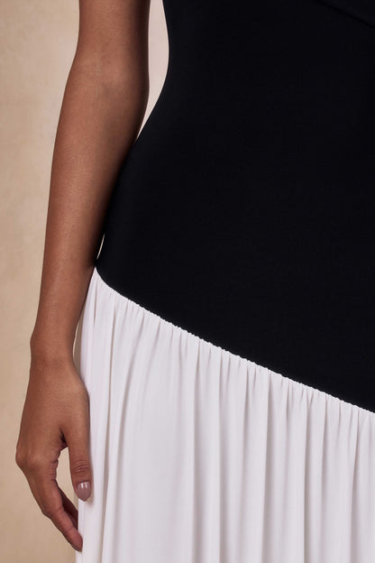 Doroyta | Black And White Asymmetric-Neck Maxi Dress