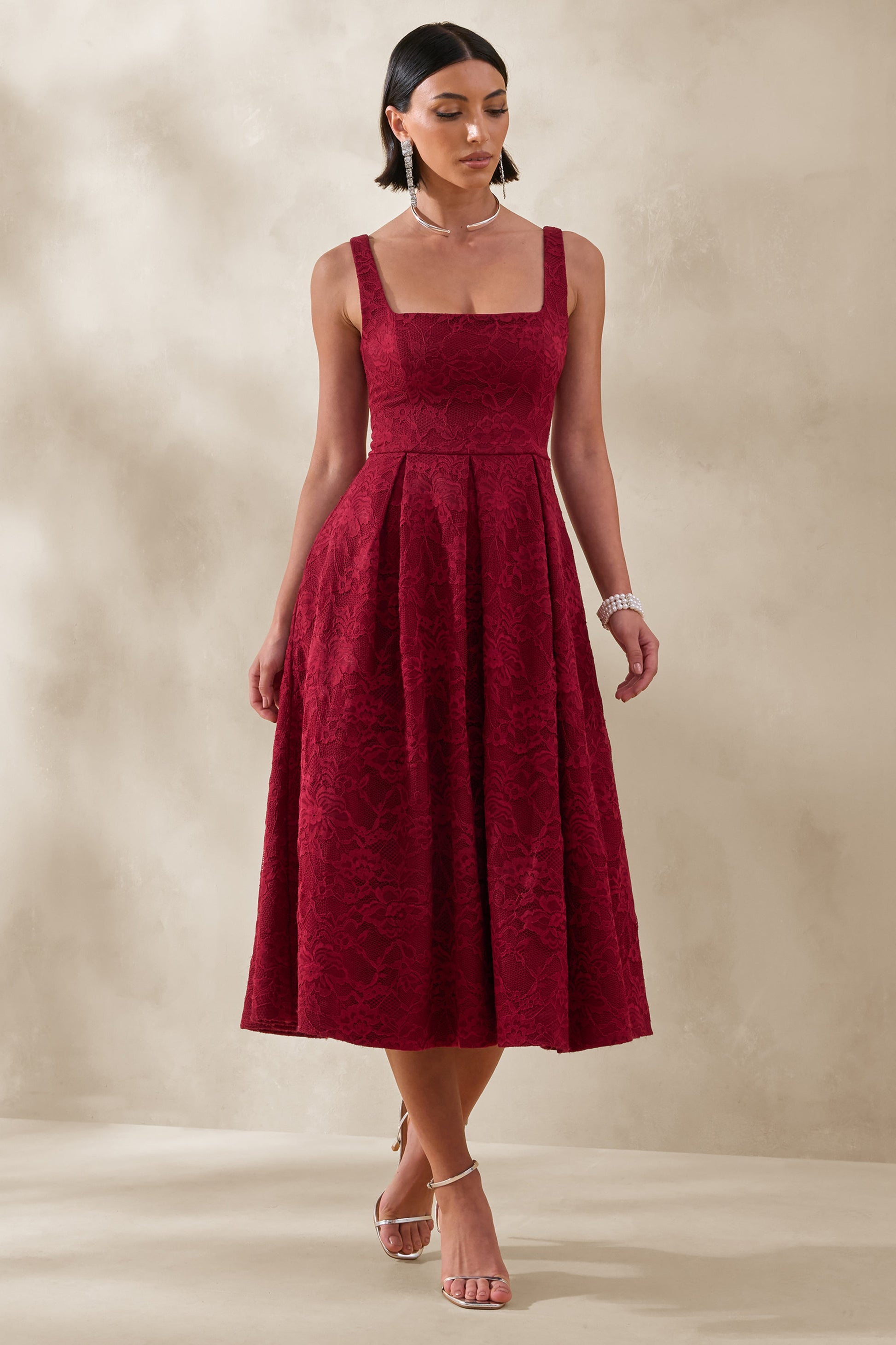Ashmara | Burgundy Lace Square-Neck Midi Dress