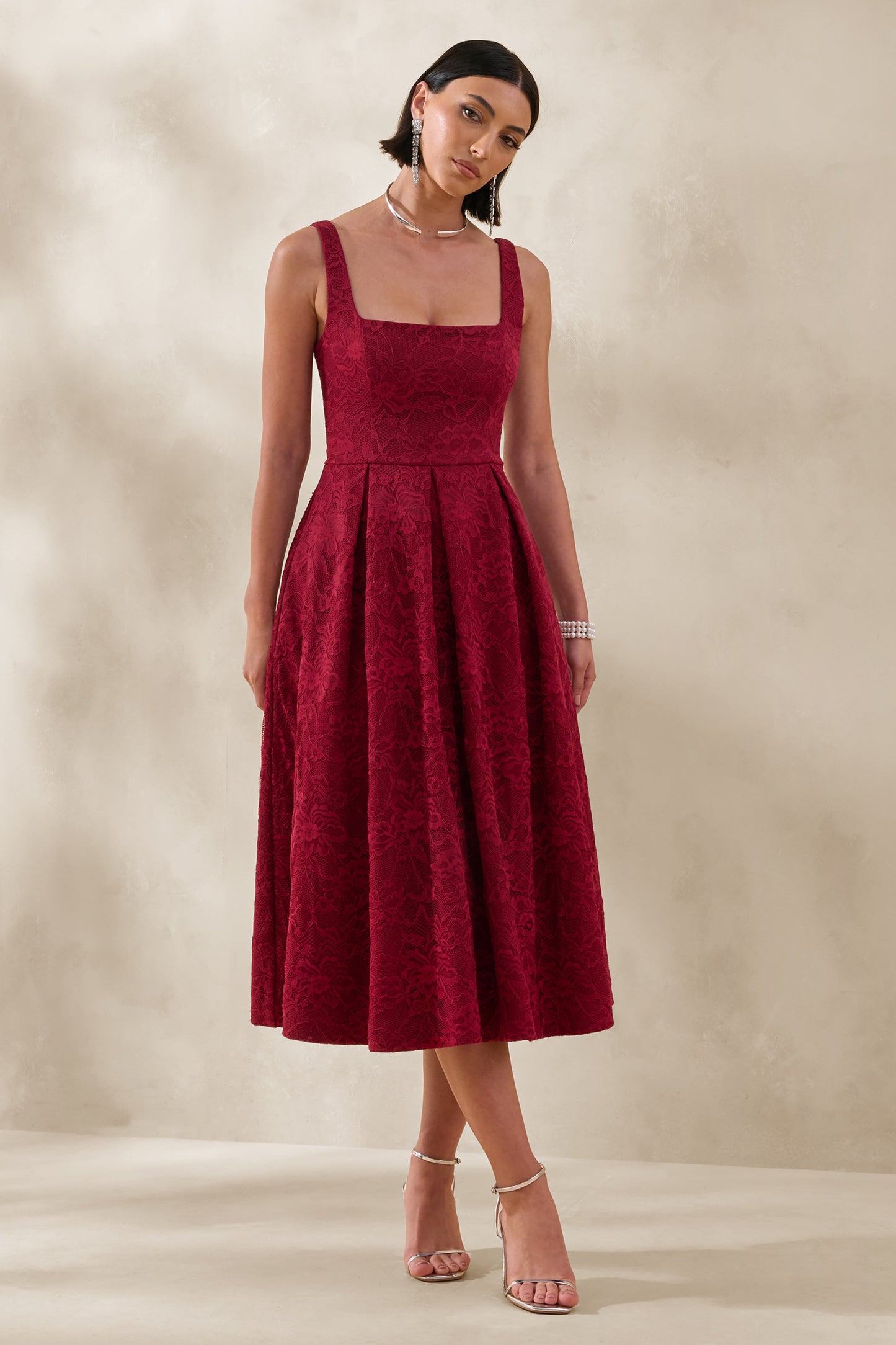 Ashmara | Burgundy Lace Square-Neck Midi Dress