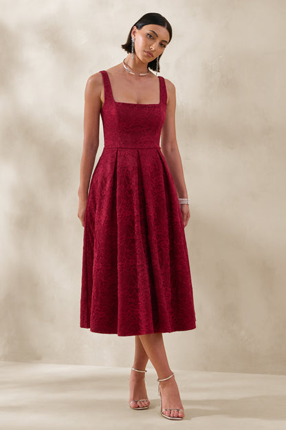 Ashmara | Burgundy Lace Square-Neck Midi Dress