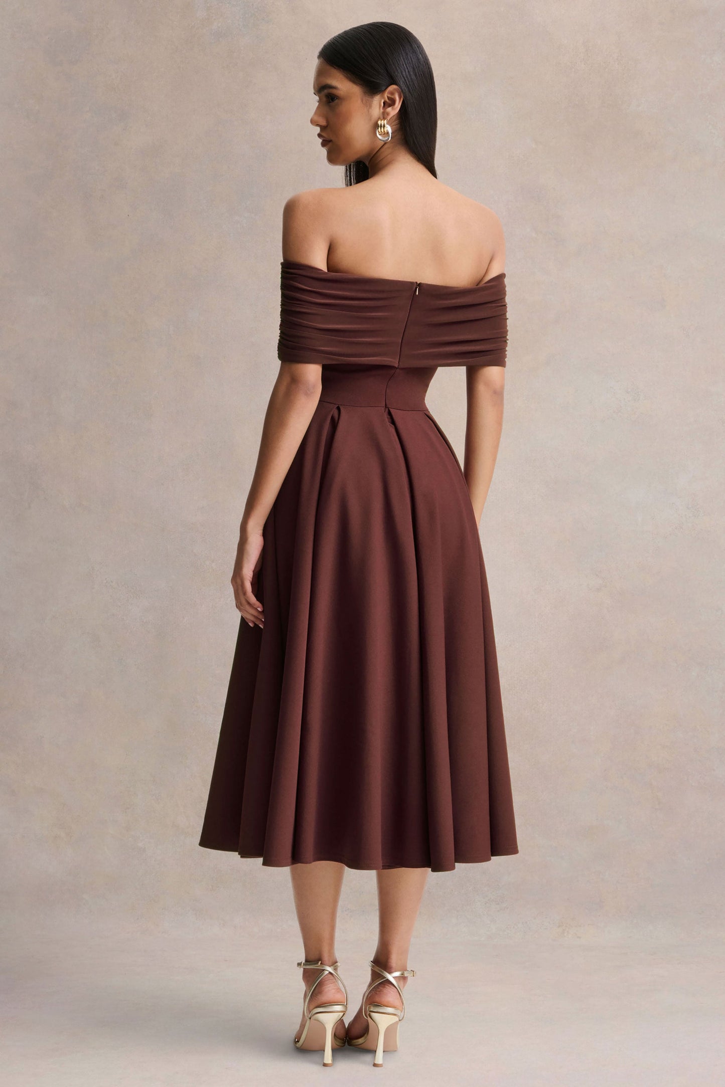Dearest | Brown Bardot-Neck Midi Dress