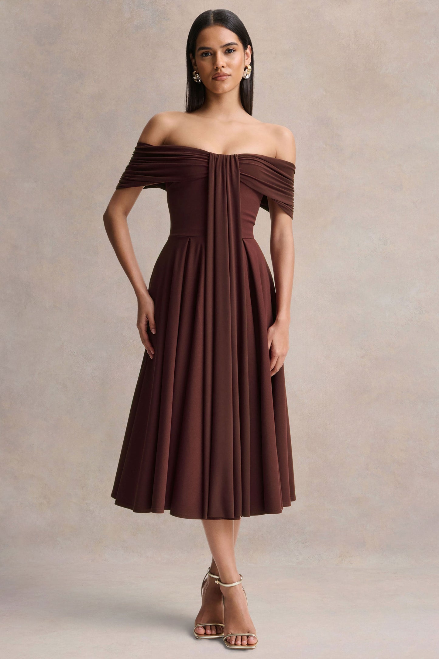 Dearest | Brown Bardot-Neck Midi Dress