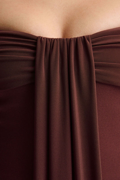 Dearest | Brown Bardot-Neck Midi Dress