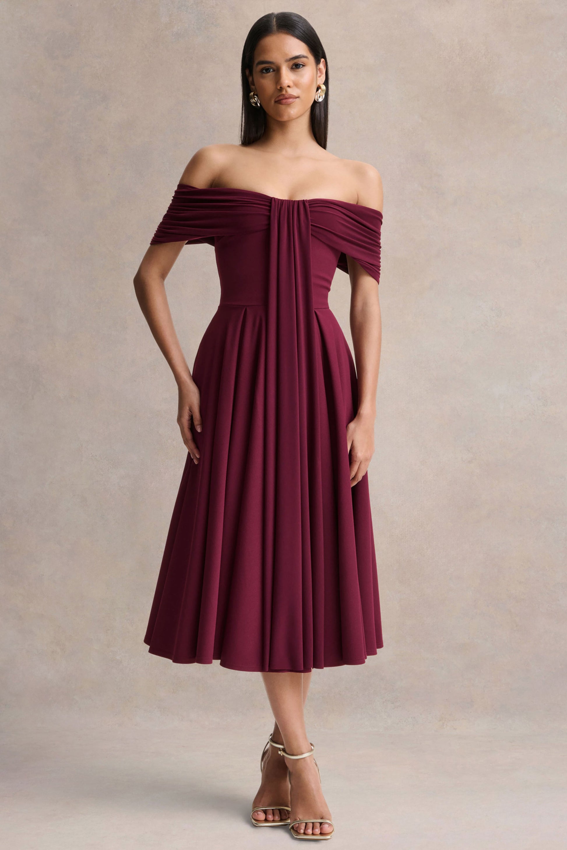 Dearest | Burgundy Bardot-Neck Midi Dress