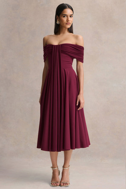 Dearest | Burgundy Bardot-Neck Midi Dress