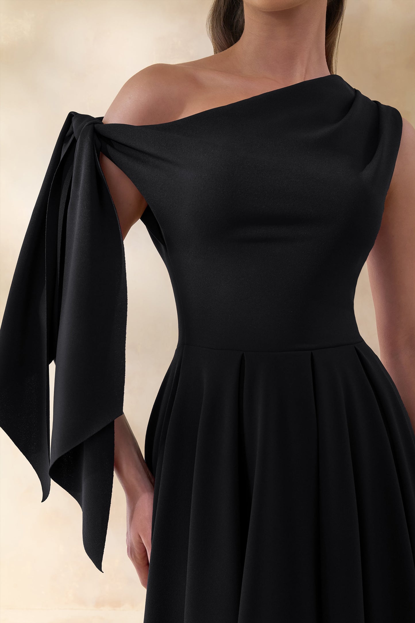 Daring | Black Asymmetric-Neck Midi Dress With Knot-Detail