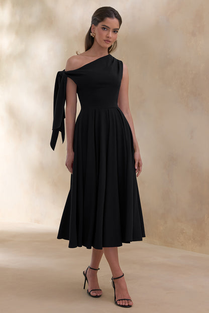 Daring | Black Asymmetric-Neck Midi Dress With Knot-Detail