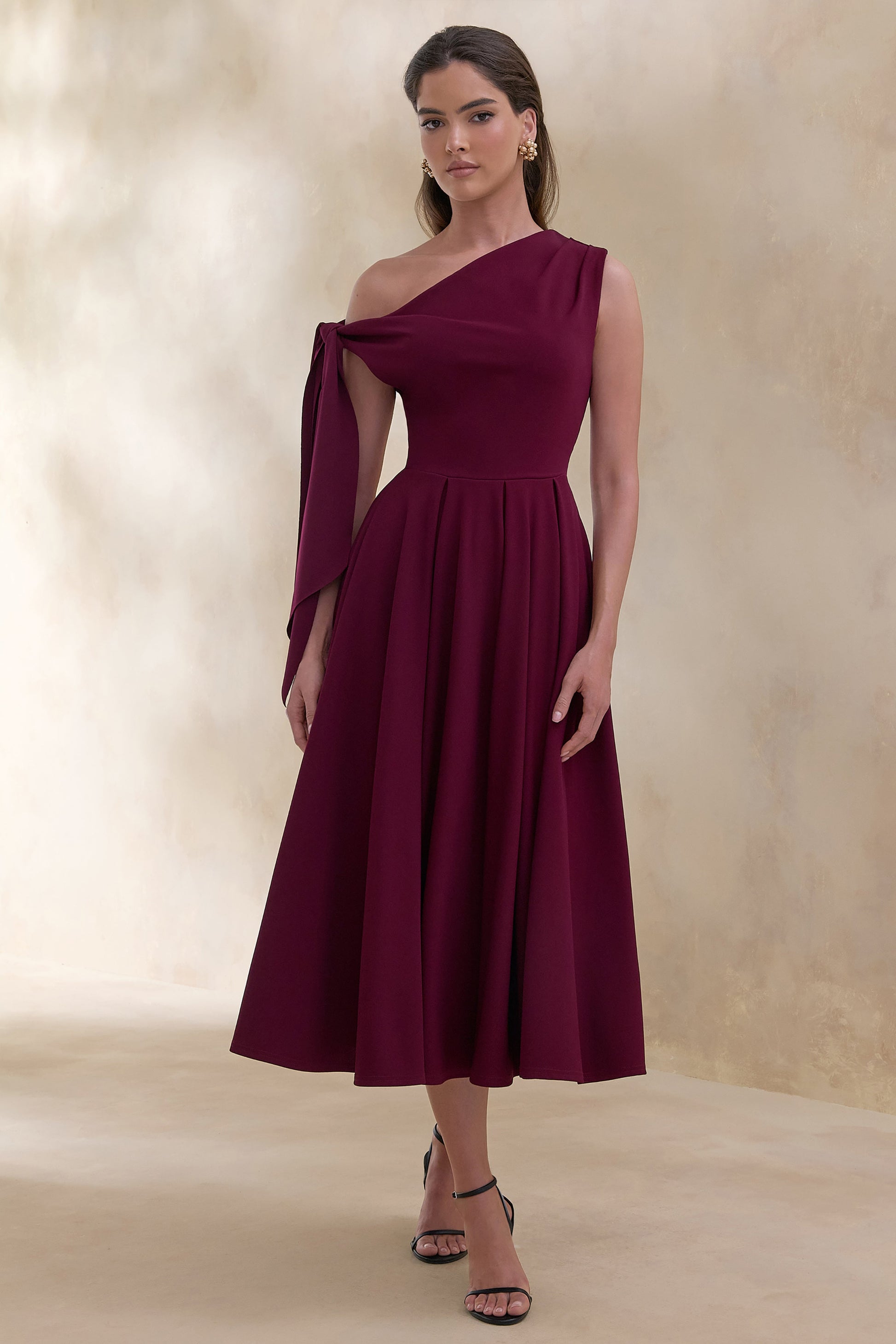 Daring | Burgundy Asymmetric-Neck Midi Dress With Knot-Detail
