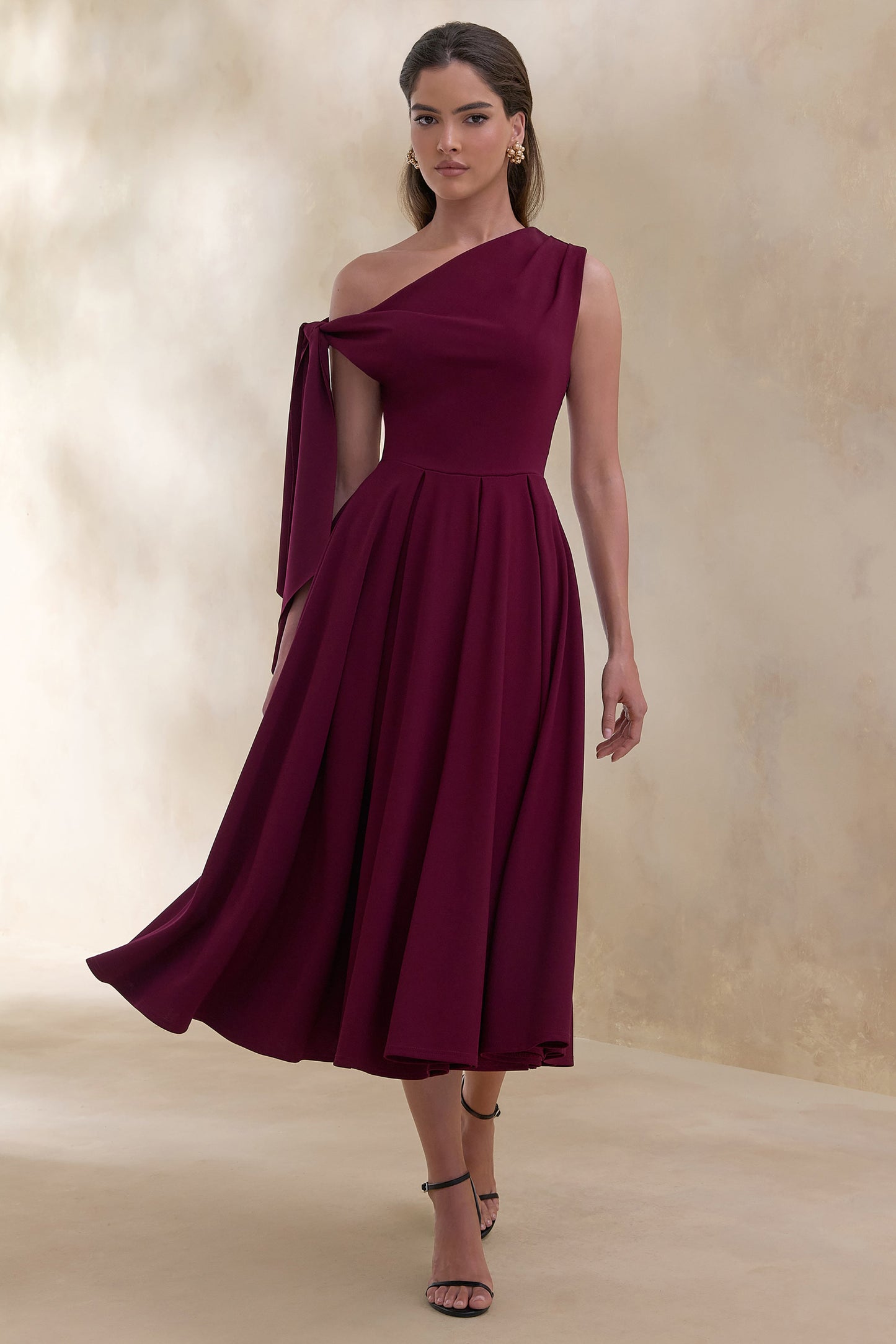 Daring | Burgundy Asymmetric-Neck Midi Dress With Knot-Detail