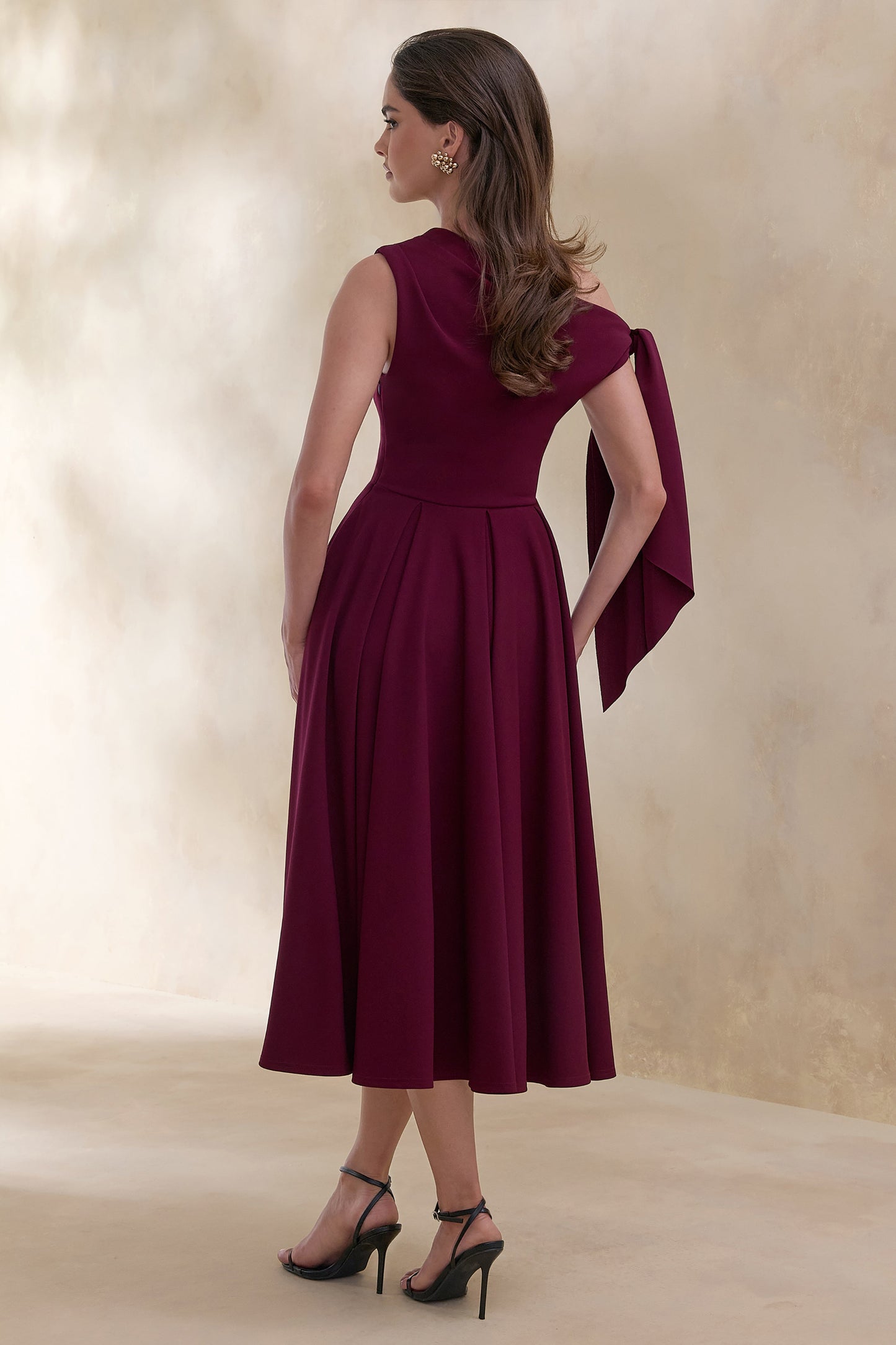 Daring | Burgundy Asymmetric-Neck Midi Dress With Knot-Detail