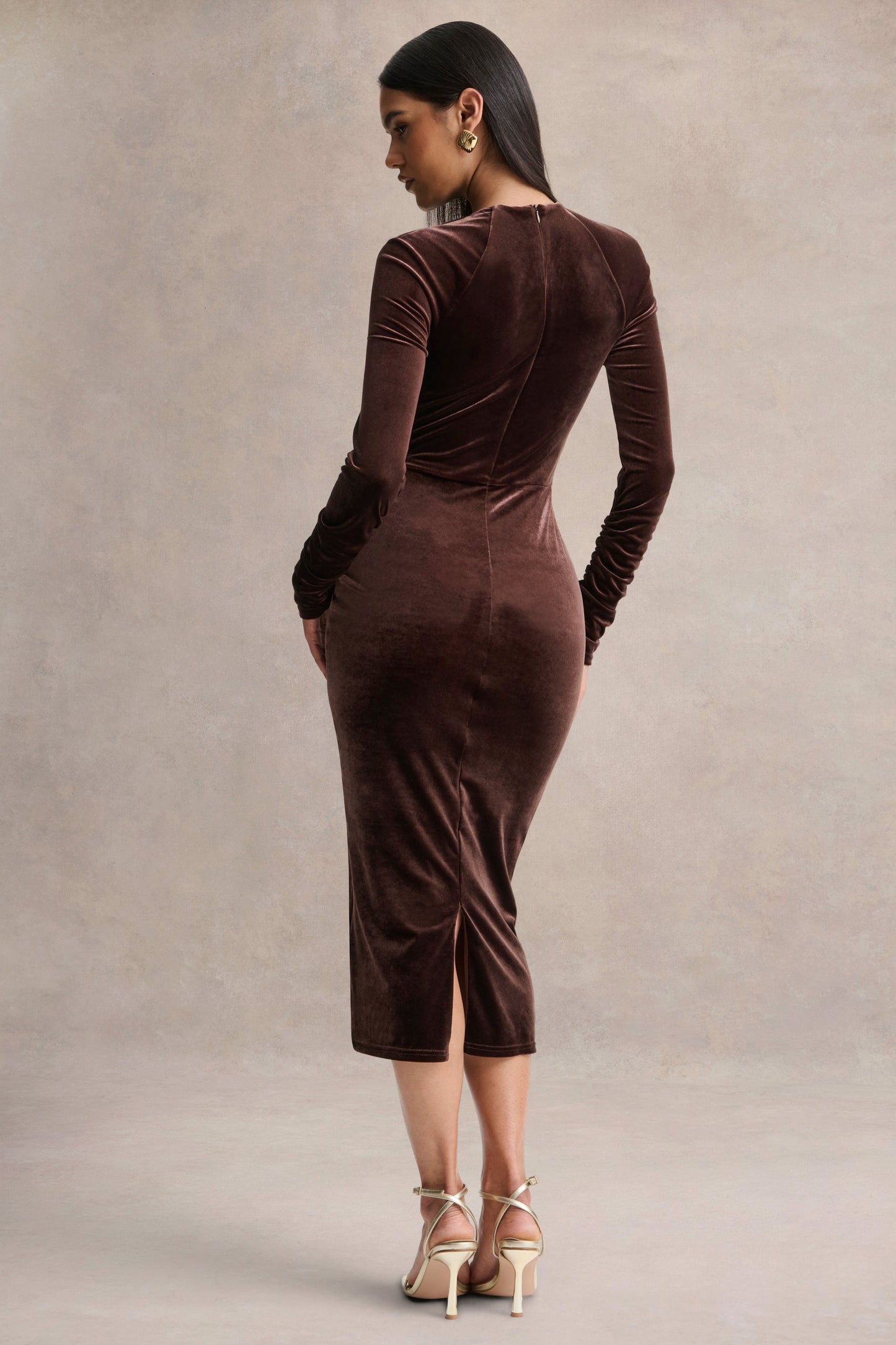 Francine | Brown Velvet Round-Neck Midi Dress With Cut-Out Details