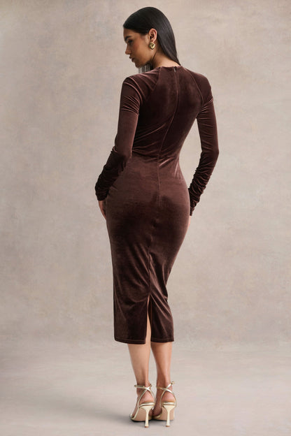 Francine | Brown Velvet Round-Neck Midi Dress With Cut-Out Details