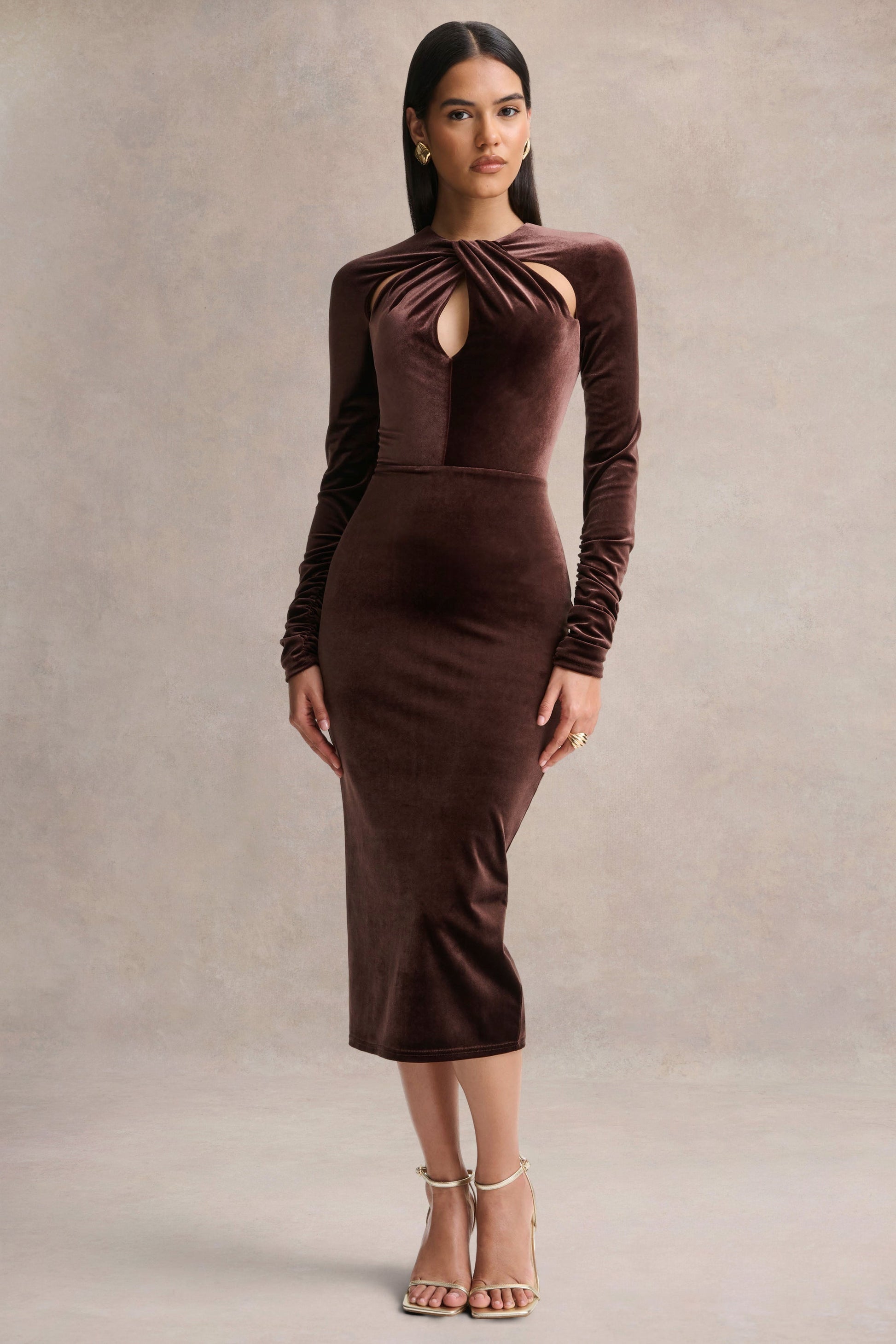 Francine | Brown Velvet Round-Neck Midi Dress With Cut-Out Details